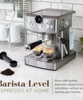 Game Changing 20 Bar Espresso Machine With Sleek Stainless Steel Build And Rapid Steam Milk Frother For Killer Lattes And Creamy Cappuccinos At Home Featuring Hassle Free Temperature Settings And Spacious Tank on kitchen counter.