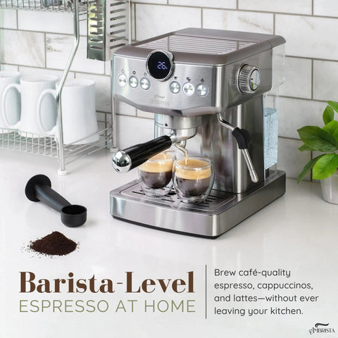 Game Changing 20 Bar Espresso Machine With Sleek Stainless Steel Build And Rapid Steam Milk Frother For Killer Lattes And Creamy Cappuccinos At Home Featuring Hassle Free Temperature Settings And Spacious Tank on kitchen counter.