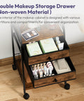 Rolling Makeup Organizer Cart With Wheels For Floor Skincare Storage, non-woven drawers, image shows open drawers with cosmetics.