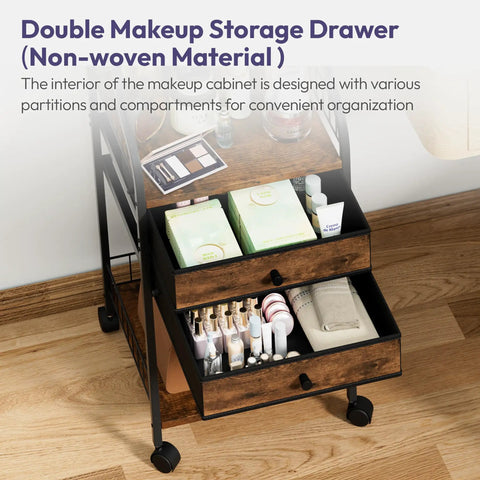 Rolling Makeup Organizer Cart With Wheels For Floor Skincare Storage, non-woven drawers, image shows open drawers with cosmetics.