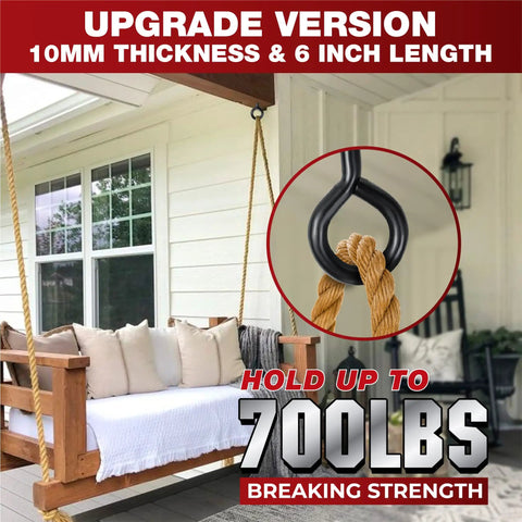 Heavy Duty 6 Inch Screw Eyes Hooks Set PAMAZY With 700 Lbs Load Capacity installed on wooden swing with rope in outdoor porch