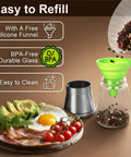 Manual Salt And Pepper Grinder Set With Ceramic Blades, Adjustable Coarseness, Stainless Steel Cap, Refillable Glass Body shown with food