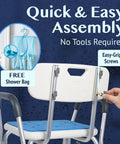 Heavy Duty Shower Chair With Backrest For Bathtub Non Slip Bath Seat showcasing quick assembly, easy-grip screws, and free shower bag.