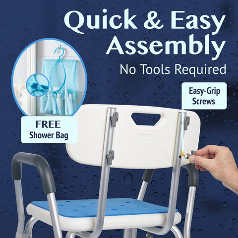Heavy Duty Shower Chair With Backrest For Bathtub Non Slip Bath Seat showcasing quick assembly, easy-grip screws, and free shower bag.