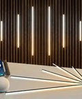 Recessed LED Light Bar Kit with CCT 2700K to 6500K, Dope Remote, App and Alexa Voice Control, CRI 90 Plus, displayed on wood panels.