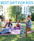 Kids having a picnic with gift box of Kids Beach Shovel Set 3 Pack With Adjustable Lengths 19 to 31 Inches displayed in foreground.