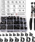Toolwiz 130-piece hose clamp set with swivel pliers in a plastic case, 6–25 mm black clamps
