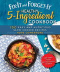 Healthy Five Ingredient Cookbook Featuring Real Deal Slow Cooker Favorites, colorful dish in a black bowl on blue table.