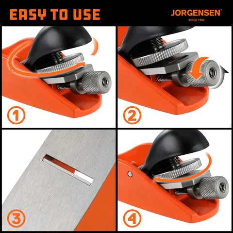 Jorgensen No.101 mini wood plane, orange handheld block plane with adjustable depth knob and metal blade.