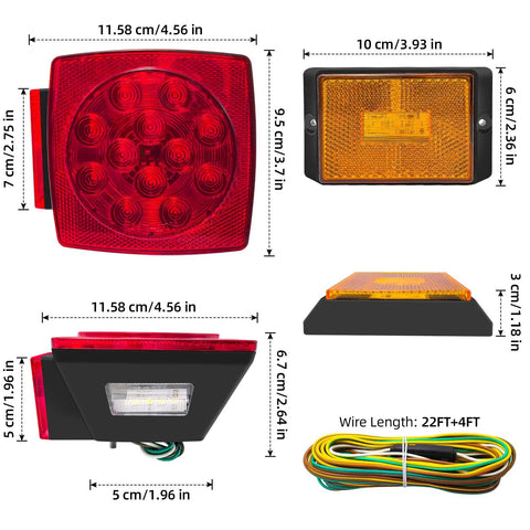 LED Trailer Light Kit 12V Submersible Tail Marker Lights With Wiring Harness For Boat Car Truck RV Utility Snowmobile Stop Turn Reverse DOT Certified Road Ready image showing product dimensions and wire length.