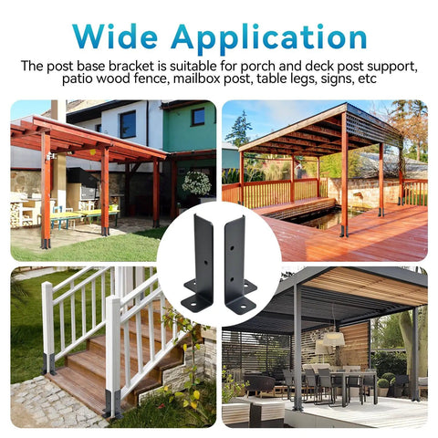 Collage of Adjustable Deck Post Anchor Base Brackets for 1.5x1.5 to 4x4 Wood Posts Kit in pergola and rail installations