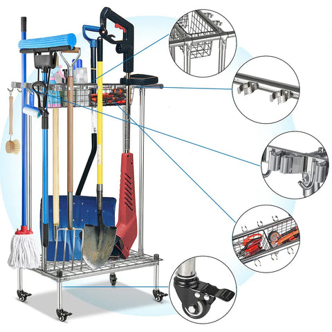 Stainless Steel Garden Tool Organizer Tower Rack With Wheels For Garage Shed And Yard Floor Standing Storage For Long Handle Tools And Small Tools Heavy Duty Steel