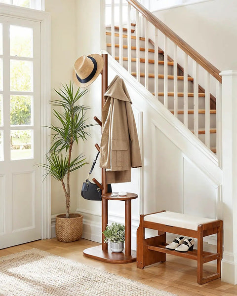 Freestanding Coat Rack With 8 Hooks And Storage Shelf, Solid Wood Base, 66.3-Inch Tall Hall Tree for Coats in Entryway