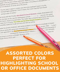 Fresh Chisel Tip Highlighters In Assorted Fluorescent Shades With Smooth Glide Ink on study notes and textbook.