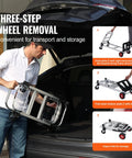 Side view of a person loading an aluminum folding hand truck with wheels into a car trunk.