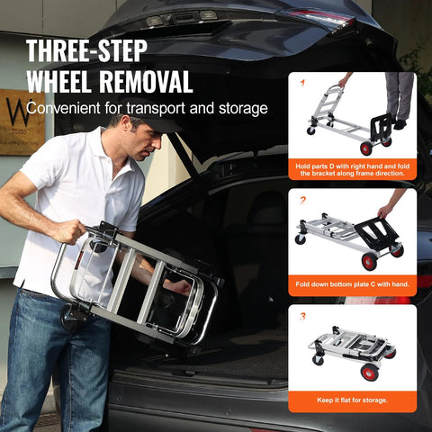 Side view of a person loading an aluminum folding hand truck with wheels into a car trunk.
