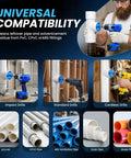 PVC Pipe Reamer Kit Four Piece Socket Saver Tool used on various drills with different pipe types shown; universal compatibility.