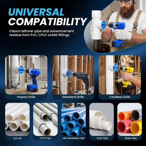 PVC Pipe Reamer Kit Four Piece Socket Saver Tool used on various drills with different pipe types shown; universal compatibility.
