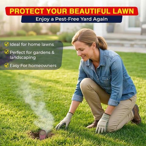 Woman using Quick Strike Mole And Gopher Gassers Eight Pack Self Igniting Burrow Pest Control Outdoors