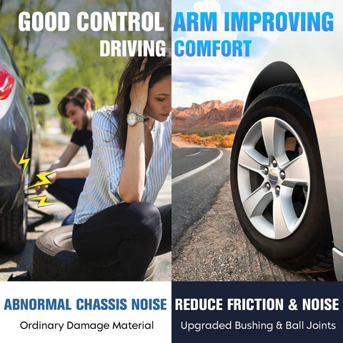 Image of a Front Lower Control Arm Suspension Kit With Ball Joints For Buick Enclave 2008 To 2017 Chevrolet Traverse 2009 To 2017 GMC Acadia 2007 To 2016 Saturn Outlook 2007 To 2010 6 Piece Set with text emphasizing noise reduction and improved control.