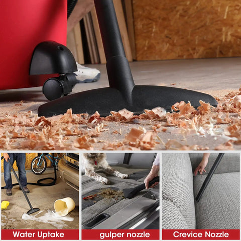 Heavy Duty 6 Gallon Wet Dry Vacuum With 3.0 Peak HP cleaning wood shavings with various nozzles for home and workshop use
