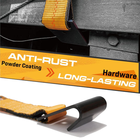 Close-up of flat hook on 4 Pack Heavy Duty 2 Inch By 27 Foot Ratchet Tie Down Straps with anti-rust orange webbing