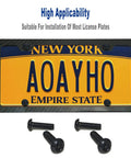 Anti Theft Black License Plate Screws Set For Cars Locking Bolts shown with New York plate mounting