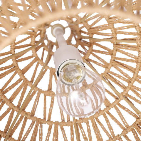 Japandi Inspired Tika 1-Light Pendant With Natural Blonde Twine Shade And White Cloth Cord Rustic Chic Ceiling Light For Dining Rooms And Kitchens Perfect For Dining Tables Entryways Or Cozy Corners Includes Easy Install Hardware And Dope Japandi Vibe close-up of bulb