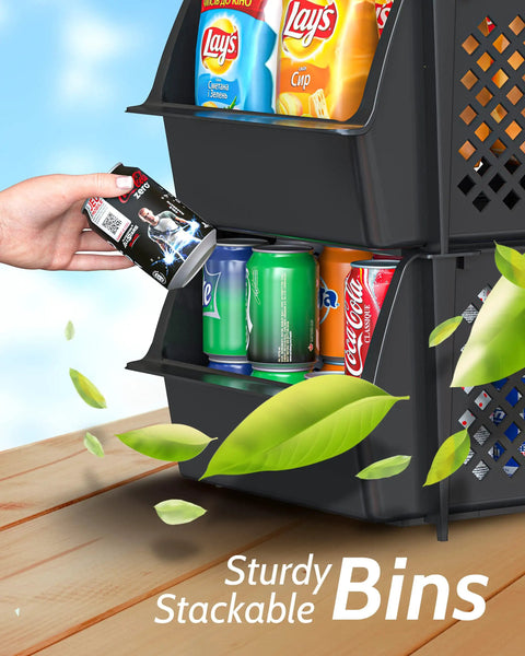 Open Front Stackable Pantry Storage Bins For Quick Grab And See Everything At A Glance with snacks and cans visible
