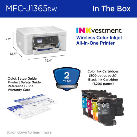 INKvestment 1365 Wireless Color Inkjet All In One Printer With Automatic Duplex Printing and color ink cartridges included