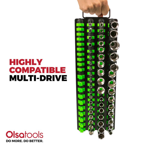 Grab And Go Portable Socket Organizer Tray With Black Rails And Green Clips That Holds Eighty Sockets A Pro Grade Socket Holder In Hand