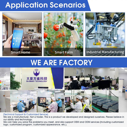 DX-SMART Factory showcasing application scenarios for DX-LR01 SMD LoRa UART Serial Transceiver Module in home, farm, industry.