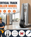 Heavy Duty No Wobble Sliding Door Roller Wheels Vertical Track Bottom Support Fix For Barn Cabinet Gate and Furniture Stability Hardware Two Pack Smooth Ride Rollers Easy Install close-up of roller wheel installed on wooden track.