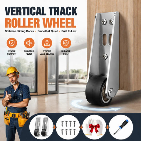 Heavy Duty No Wobble Sliding Door Roller Wheels Vertical Track Bottom Support Fix For Barn Cabinet Gate and Furniture Stability Hardware Two Pack Smooth Ride Rollers Easy Install close-up of roller wheel installed on wooden track.