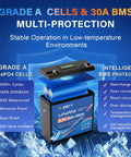 12V 20Ah LiFePO4 Battery With 30A BMS And LCD Voltmeter highlighted features and specifications in icy-themed graphic