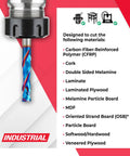 Spektra Extreme Tool Life Solid Carbide CNC Compression Spiral Router Bit 2 Flute displayed with materials it cuts, focus on CFRP.