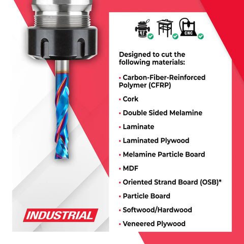 Spektra Extreme Tool Life Solid Carbide CNC Compression Spiral Router Bit 2 Flute displayed with materials it cuts, focus on CFRP.