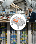 Eight Pack Din Rail Terminal Blocks Featuring Quick Connect Wire Splices For No Sweat Circuit Rigging At 32 Amps Designed For Tight Spaces and Smooth Panel Upgrades in an electrical panel.