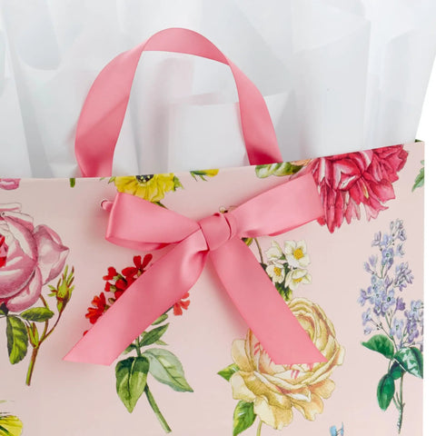 Close-up of Large 13 Inch Wide Gift Bag With Tissue Paper Vintage Floral Pink Bow Ideal For Mothers Day Valentines Day