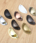 Assorted cup pulls in different finishes including brushed red copper for 10 Pack Cup Pulls Cabinet Hardware 3.23 by 1.38 inches.