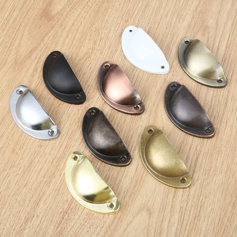 Assorted cup pulls in different finishes including brushed red copper for 10 Pack Cup Pulls Cabinet Hardware 3.23 by 1.38 inches.