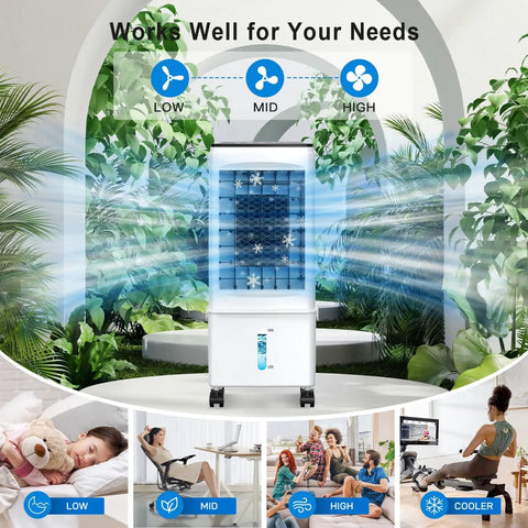 Portable Evaporative Cooler With Remote And Timer 60W Quiet 4 In 1 Swamp Cooler Fast Cooling Windowless Air Conditioner Fan 2.5 Gallon Tank