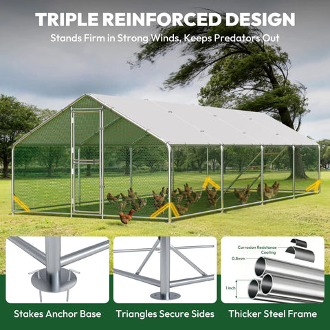 Triple reinforced design of extra large metal chicken run for yard with feeding door and walk in design 26 by 10 by 6.6 feet