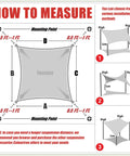 Diagram showing how to measure tension and installation methods for Beige 12x12 Sun Shade Sail Square Canopy With UPF50 UV Block.