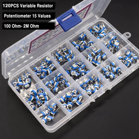 Fifteen Value 100 Ohm To 2M Ohm Variable Resistor Potentiometer Kit in transparent plastic box, 120 pieces with 6mm top adjustment