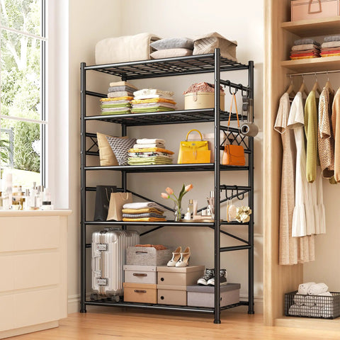 Heavy Duty 5 Tier Metal Shelving Rack With 1000Lbs Capacity 72In High 36In Wide 12In Deep 4 Side Hooks Black Ultra Versatile Garage Kitchen Bath Storage Organizer For Max Vertical And Corner Space, black