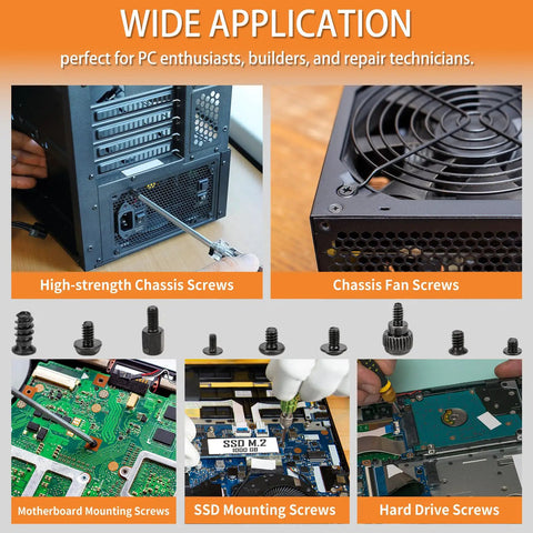 Heavy Duty Computer Screw Organizer Kit Featuring Motherboard Standoffs And Ssd Hardware Fasteners For Tight Fits And No Sweat Pc Builds And Quick Repairs, showcasing various screws for PC assembly.