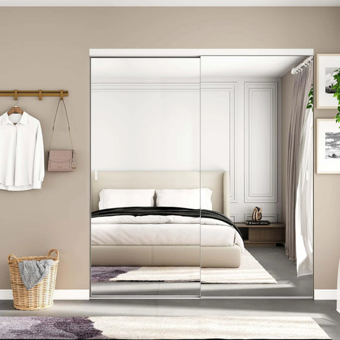 One Sided Full Length Mirror Closet Door 72x80 Inches Sliding Bypass With Steel Frame And Hardware Kit Easy To Install Modern Closet Door Adds Light And Space To Your Room