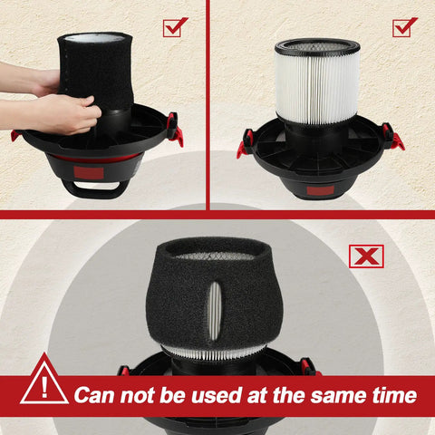 Instruction showing correct use of foam sleeve filter replacements for 1 gallon wet dry vacuum cleaners, 3 pack, part 9052500.