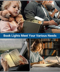 Clip On Rechargeable Book Light For Late Night Reading With Amber And Warm White Glow in various reading scenarios